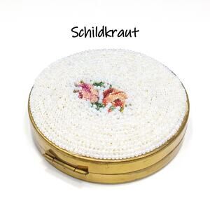 Vintage White Beaded Petit Point Compact, Schildkraut, Coty Powder, Vintage